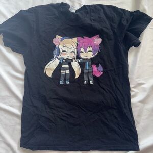 Source Unknown Black Tee with Cute Anime Characters, Kawaii Tee, Neko Tee Design